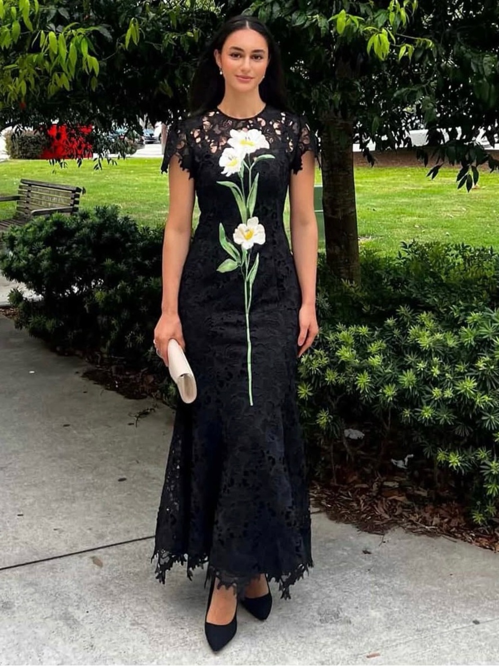 NWOT Leo Lin Monique Embroidered Lace Maxi Dress Ebony